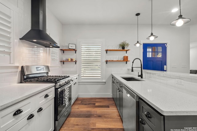 kitchen featuring stainless steel appliances, ventilation hood, open shelves, and a sink