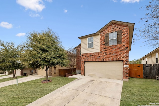 traditional home with fence, a front lawn, concrete driveway, and brick siding