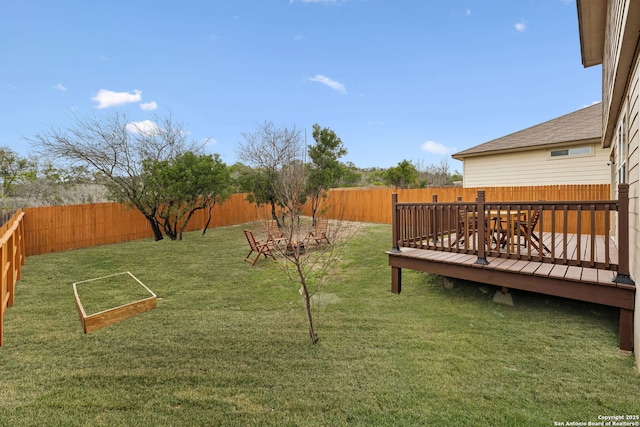 view of yard with a fenced backyard and a deck