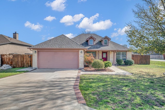 view of front of home featuring a front yard, concrete driveway, fence, and an attached garage