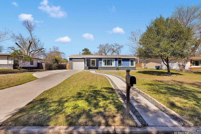 ranch-style house featuring an attached garage, fence, a front lawn, and concrete driveway