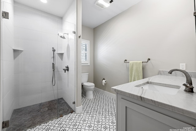 full bathroom with visible vents, vanity, a shower stall, and toilet