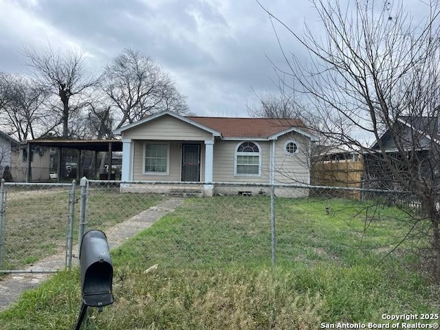 bungalow-style home featuring a fenced front yard and a front yard