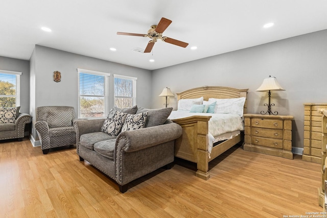 bedroom featuring light wood-style floors, recessed lighting, and ceiling fan