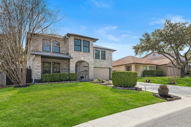 view of front of house featuring concrete driveway, brick siding, an attached garage, and a front lawn