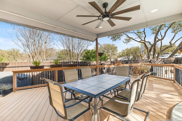 deck featuring ceiling fan, outdoor dining area, and a fenced backyard