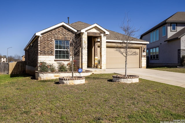 ranch-style house with brick siding, an attached garage, fence, driveway, and a front lawn