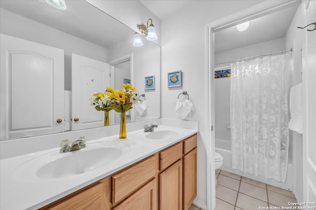 full bath with shower / bath combination with curtain, tile patterned flooring, a sink, and double vanity