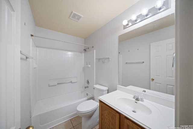 bathroom with tile patterned flooring, toilet, visible vents, vanity, and tub / shower combination