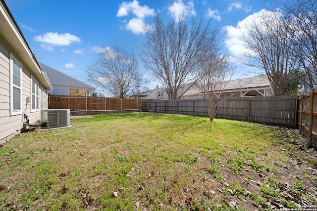 view of yard featuring central AC and a fenced backyard