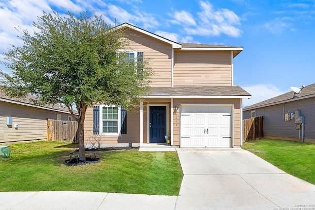 view of front of property with driveway, a garage, fence, and a front lawn