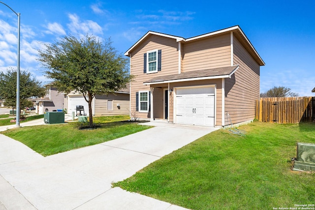 traditional home with a garage, driveway, a front lawn, and fence