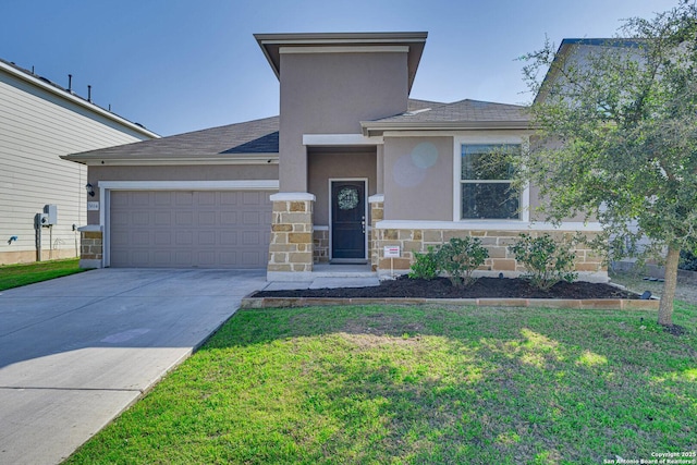 prairie-style home with driveway, stone siding, an attached garage, a front lawn, and stucco siding