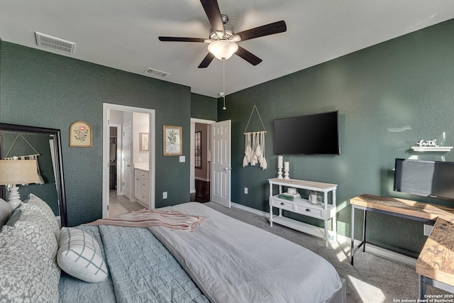 bedroom with a ceiling fan, carpet, visible vents, and baseboards