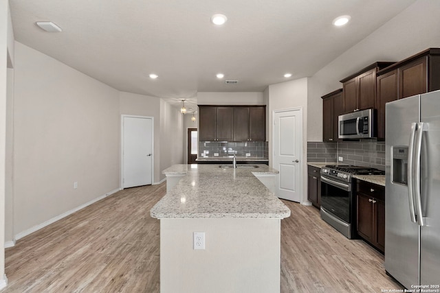 kitchen with a center island with sink, tasteful backsplash, appliances with stainless steel finishes, a sink, and light wood-type flooring