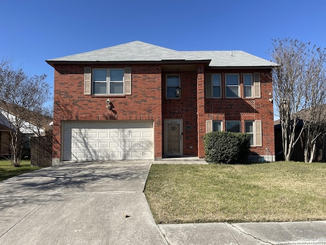 view of front of property featuring concrete driveway, a front lawn, an attached garage, and brick siding