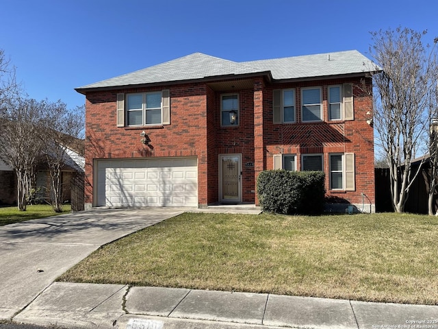 view of front of home featuring a garage, brick siding, concrete driveway, and a front yard