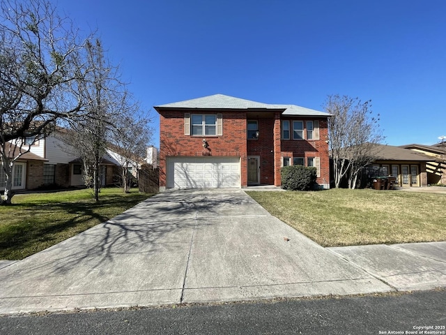 view of front of property with a garage, concrete driveway, brick siding, and a front yard