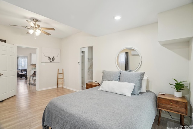 bedroom featuring ceiling fan, baseboards, light wood-style flooring, and recessed lighting