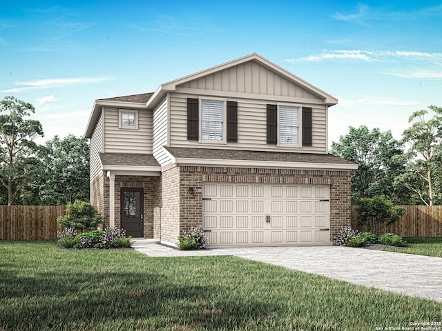 traditional home featuring driveway, brick siding, a front lawn, and fence