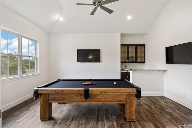 recreation room with baseboards, lofted ceiling, wood finished floors, pool table, and indoor wet bar