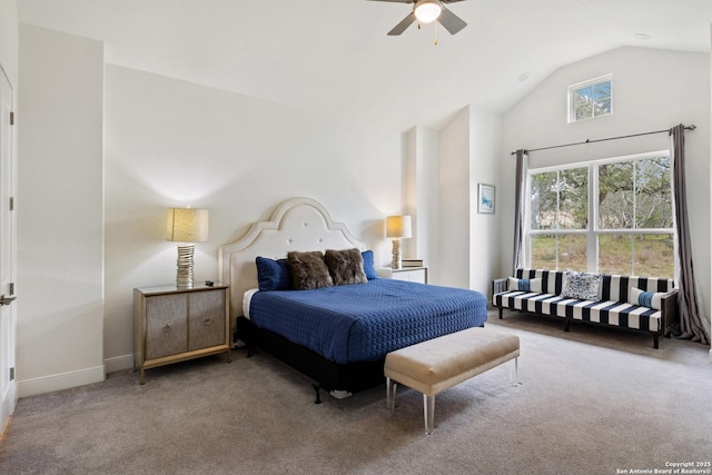 carpeted bedroom with high vaulted ceiling, ceiling fan, and baseboards