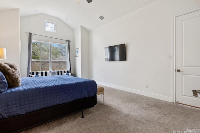 carpeted bedroom featuring lofted ceiling, ceiling fan, visible vents, and baseboards