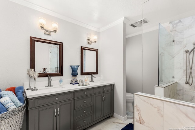 full bathroom featuring marble finish floor, a marble finish shower, a sink, and visible vents