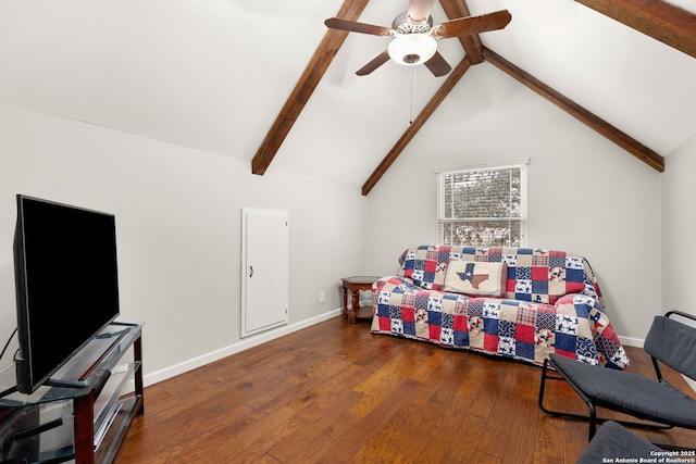 interior space with beam ceiling, hardwood / wood-style floors, ceiling fan, high vaulted ceiling, and baseboards