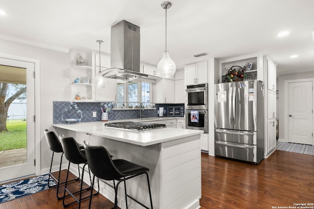 kitchen with island exhaust hood, stainless steel appliances, decorative backsplash, ornamental molding, and a peninsula