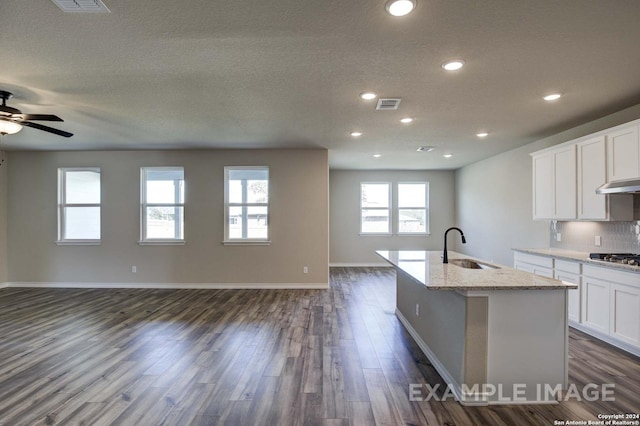 kitchen with an island with sink, open floor plan, dark wood-type flooring, stainless steel gas stovetop, and a sink