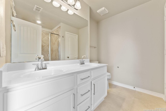 bathroom featuring visible vents, a sink, toilet, and tiled shower