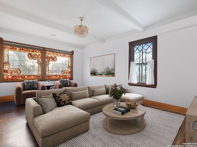 living area featuring hardwood / wood-style flooring, beamed ceiling, a healthy amount of sunlight, and baseboards