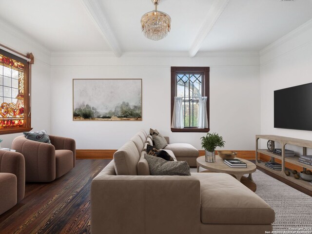 living area with dark wood finished floors, beamed ceiling, baseboards, and a chandelier