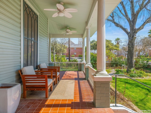 view of patio / terrace with a porch and ceiling fan