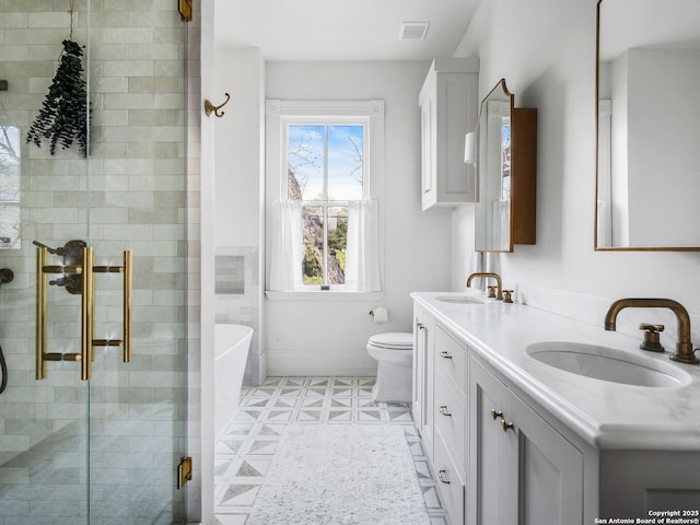 full bathroom featuring a sink, visible vents, a shower stall, and double vanity