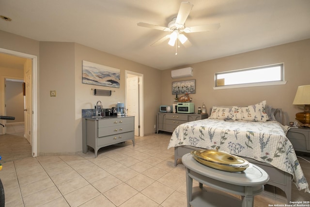 bedroom with light tile patterned floors, ceiling fan, a wall unit AC, and baseboards