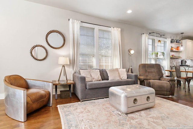 living area with wood finished floors and recessed lighting