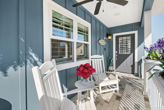 exterior space featuring ceiling fan and covered porch