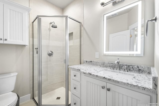 full bath featuring visible vents, a shower stall, toilet, and vanity