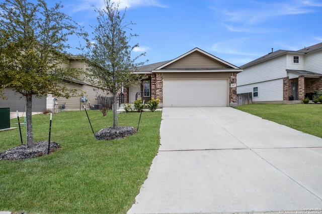 ranch-style home with driveway, brick siding, an attached garage, and a front yard