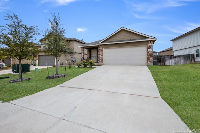 single story home with driveway, a garage, fence, a front yard, and brick siding