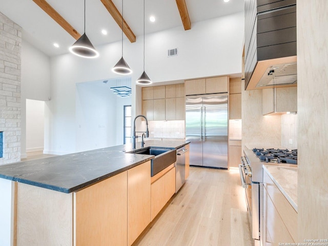 116 Chama Dr, Boerne, TX 78006 - kitchen featuring high quality appliances, beamed ceiling, high vaulted ceiling, a sink, and light brown cabinetry
