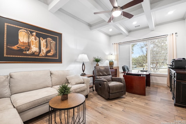 living room with baseboards, coffered ceiling, ceiling fan, light wood-style flooring, and beam ceiling