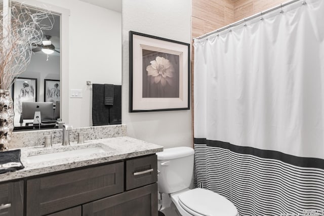 full bathroom with curtained shower, vanity, and toilet