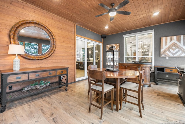 dining space featuring wooden ceiling, wood-type flooring, and a ceiling fan