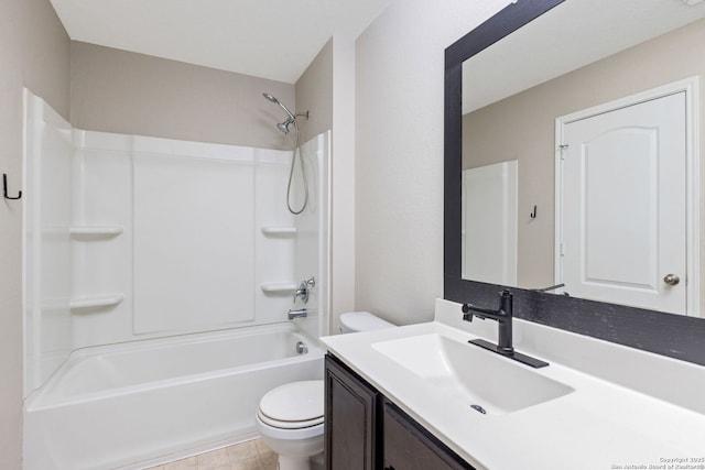 full bath with tub / shower combination, vanity, and toilet