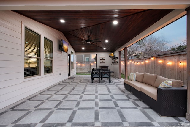 view of patio / terrace with a ceiling fan, outdoor dining area, outdoor lounge area, and fence