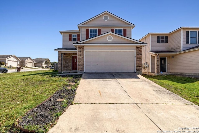 traditional-style house with a garage, driveway, brick siding, and a front lawn