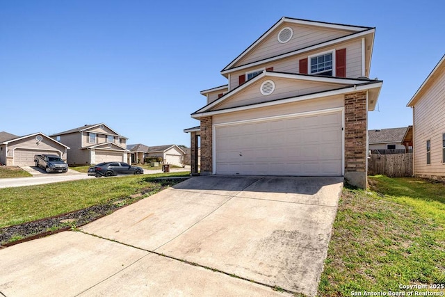 traditional-style home with a garage, driveway, brick siding, and a residential view